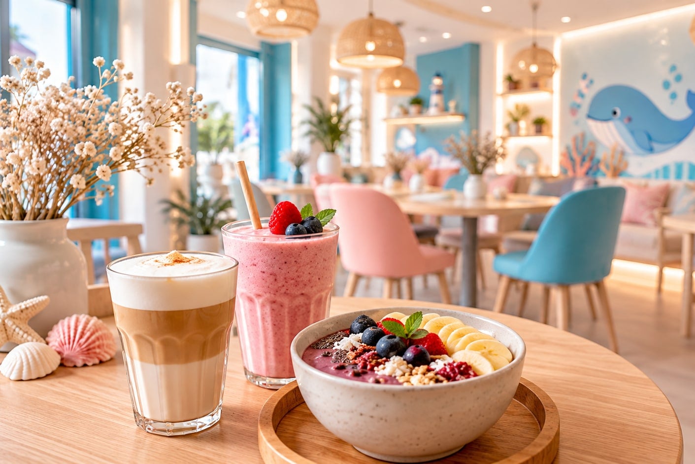 Kaffee, Smoothie und eine Schale mit Früchten auf einem Holztisch im Café