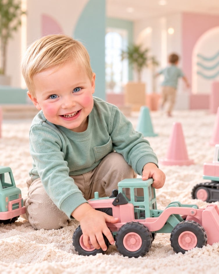 Lachender Bub mit Spielzeugbagger im weissen Salz