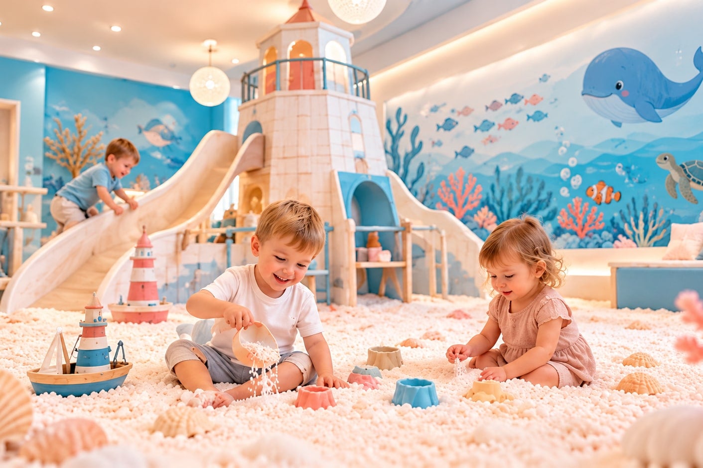 Zwei Kleinkinder spielen im Salz vor einem Leuchtturm mit Rutschen