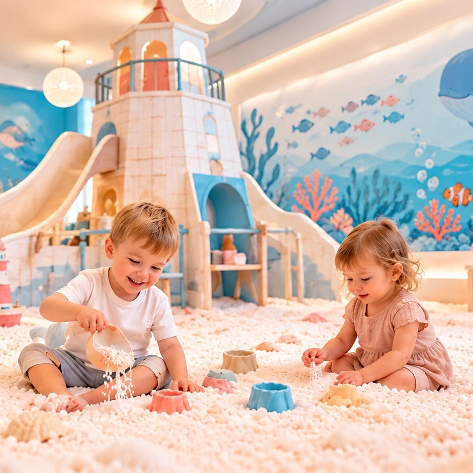 Ein Bub und ein Mädchen spielen mit Förmchen im weissen Salz, dahinter ein Leuchtturm mit Rutschen