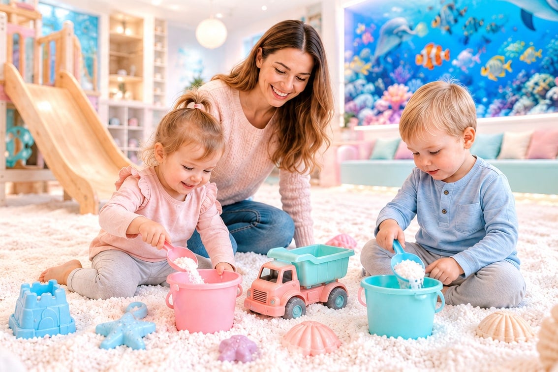 Mutter mit zwei Kleinkindern und Eimern im Salz vor einer Delfinwand