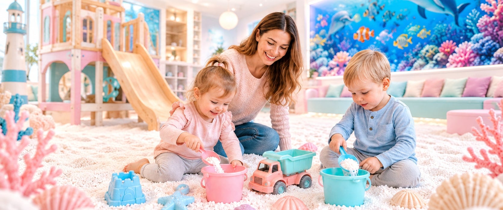 Eine Mutter spielt mit zwei Kleinkindern im weissen Salz, die Kinder füllen Eimer mit Schaufeln